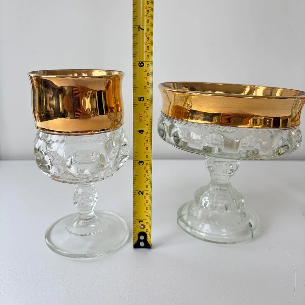 Indiana Glass Kings Thumbprint Gold Rim Goblets and Compote Set of 3 Vintage MCM